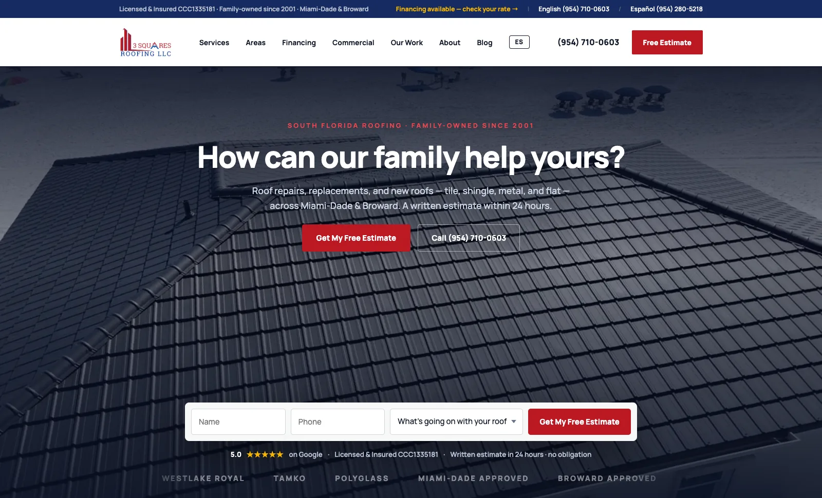 3 Squares Roofing website preview