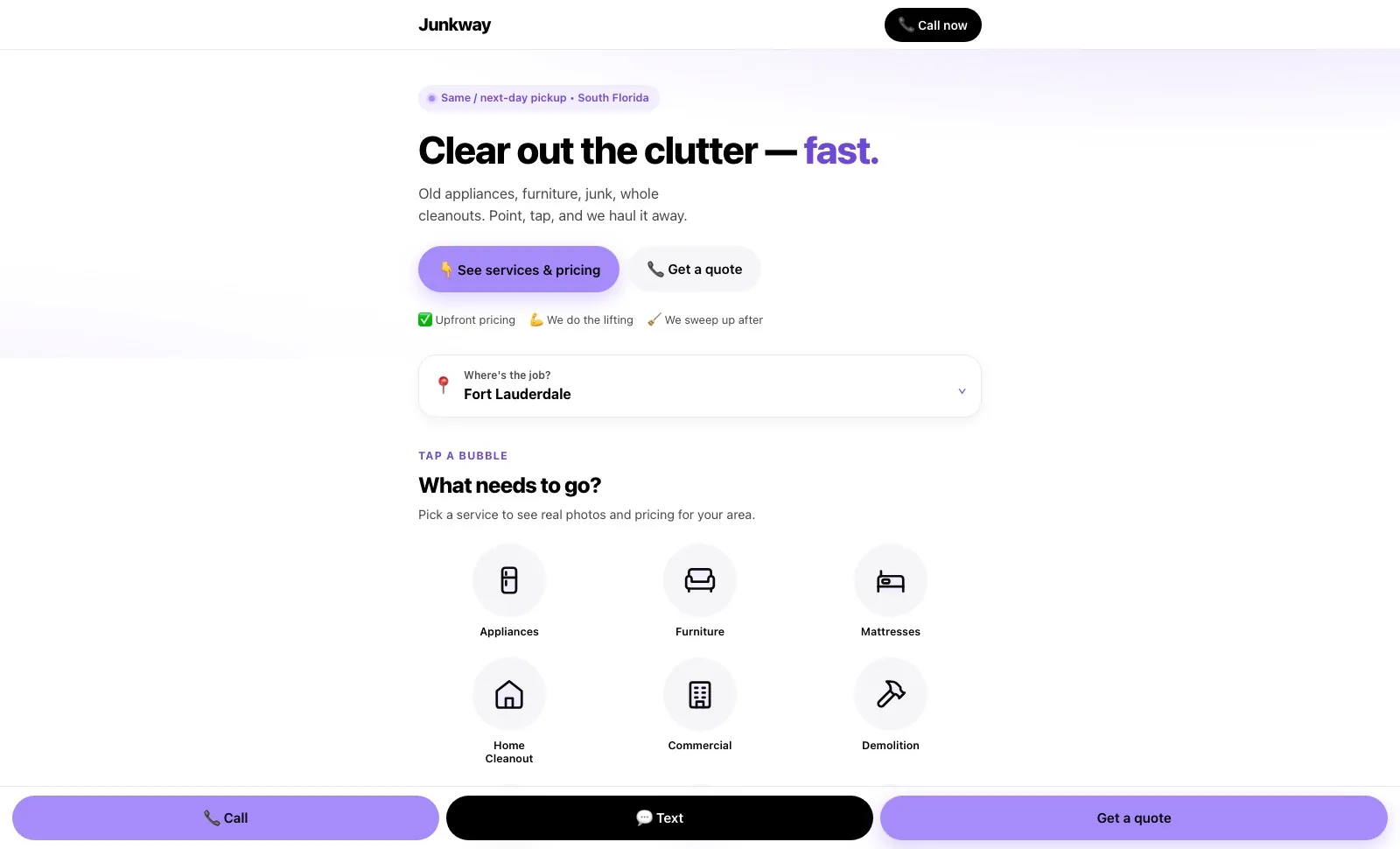Junkway QR landing page — tap-a-service instant quote page by Optic Vault Marketing