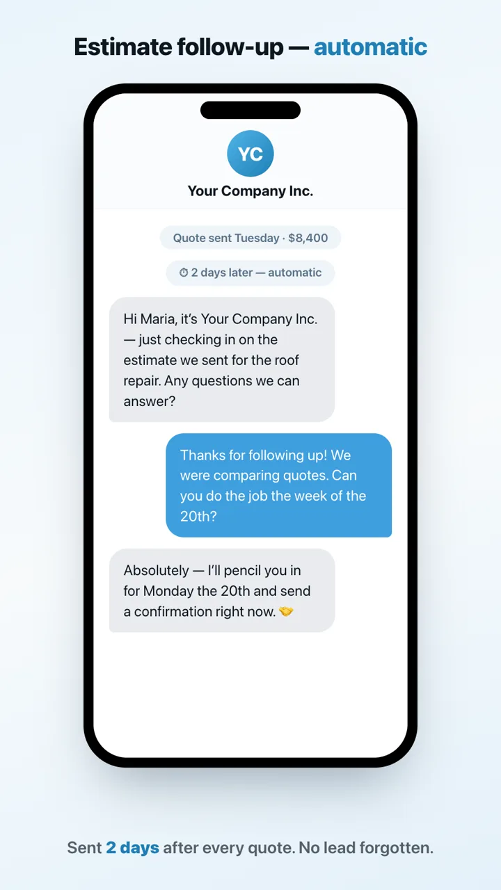 Automated estimate follow-up text message a contractor's customer receives two days after a quote