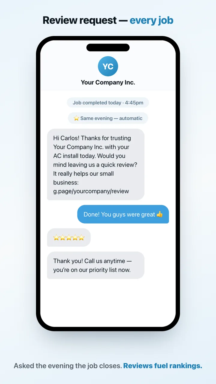 Automated review request text message sent the evening a contracting job is completed