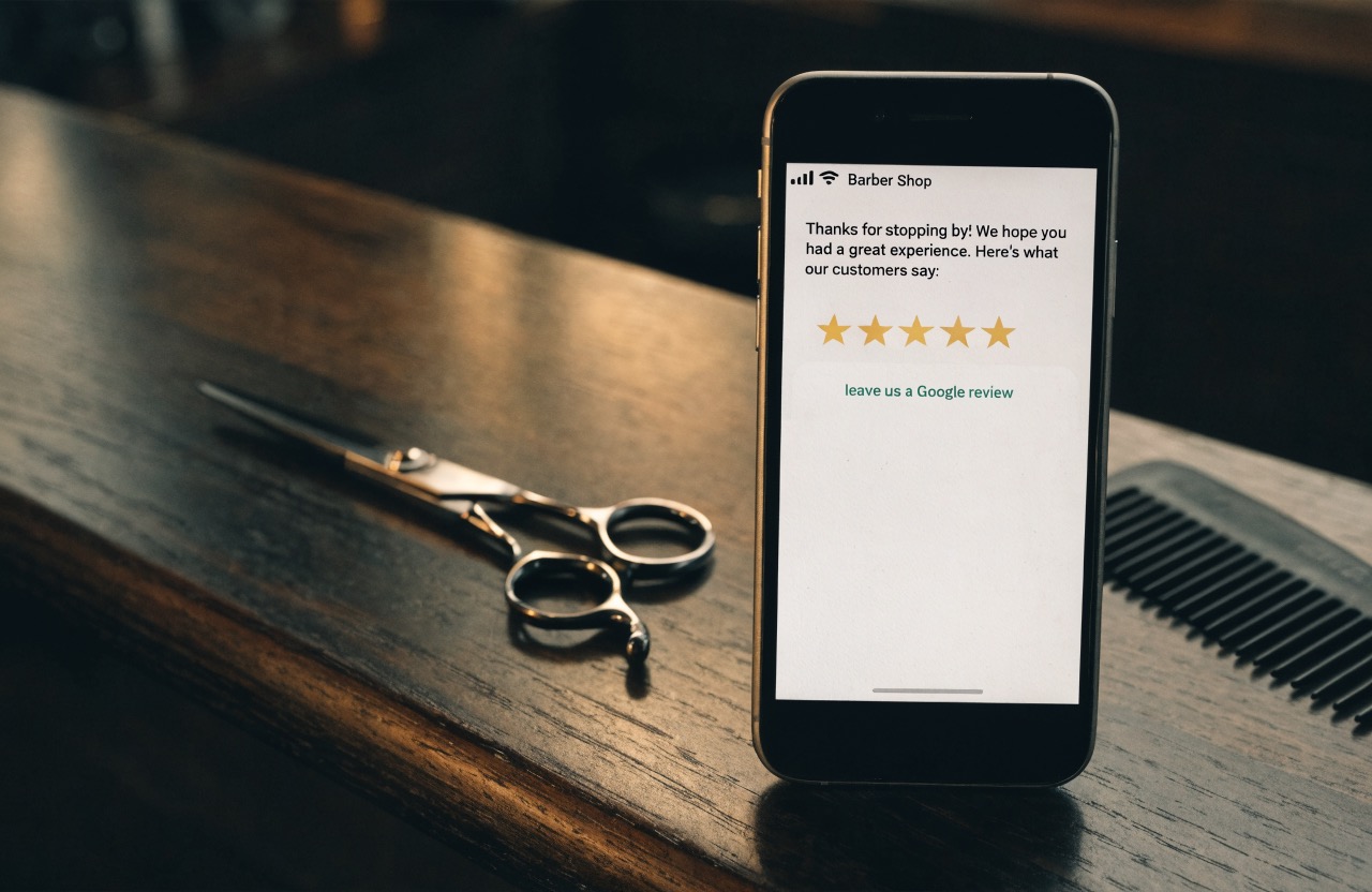 Barbershop review automation sending a five star Google review request by text after a haircut