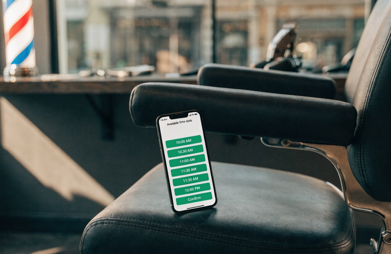 Barber online booking system on a phone showing a Miami barbershop calendar with same day cuts