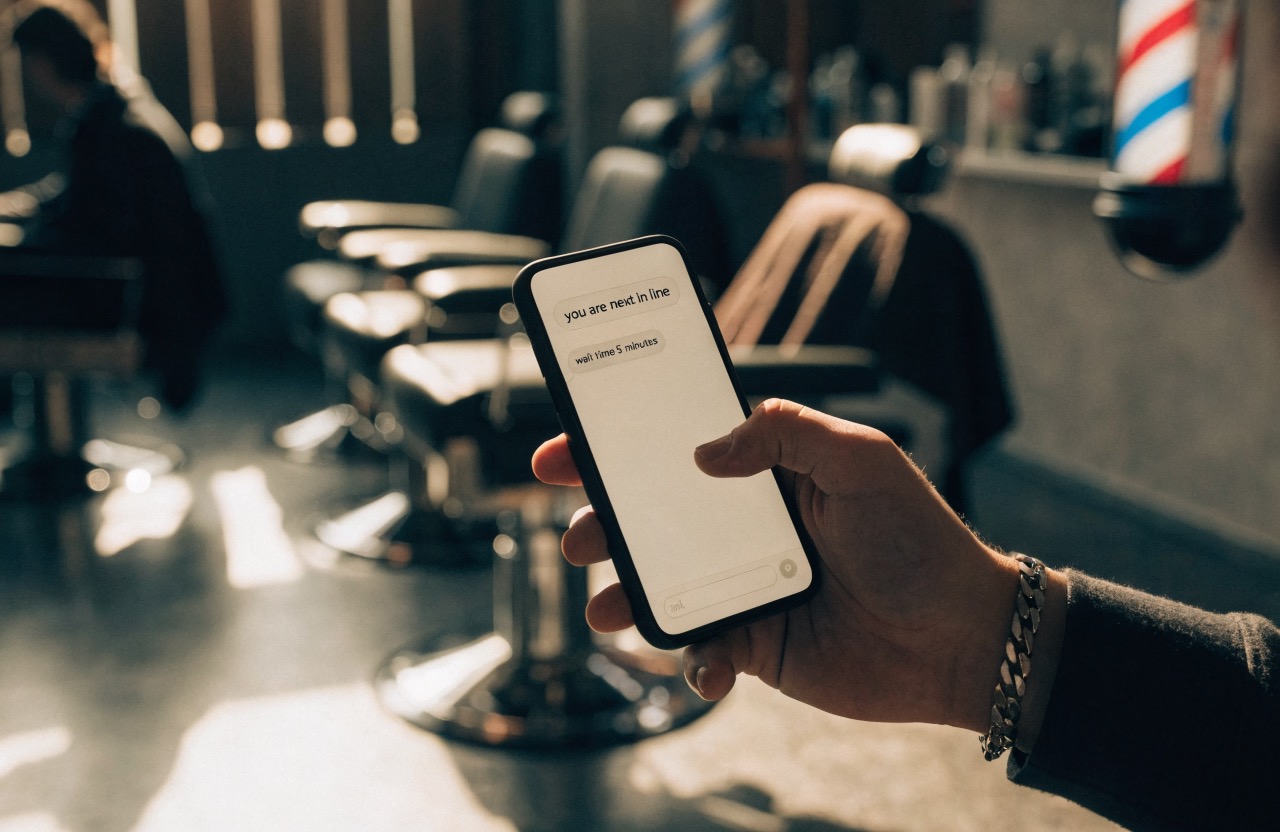 Barbershop walk in waitlist text alert telling a client you are next in the queue