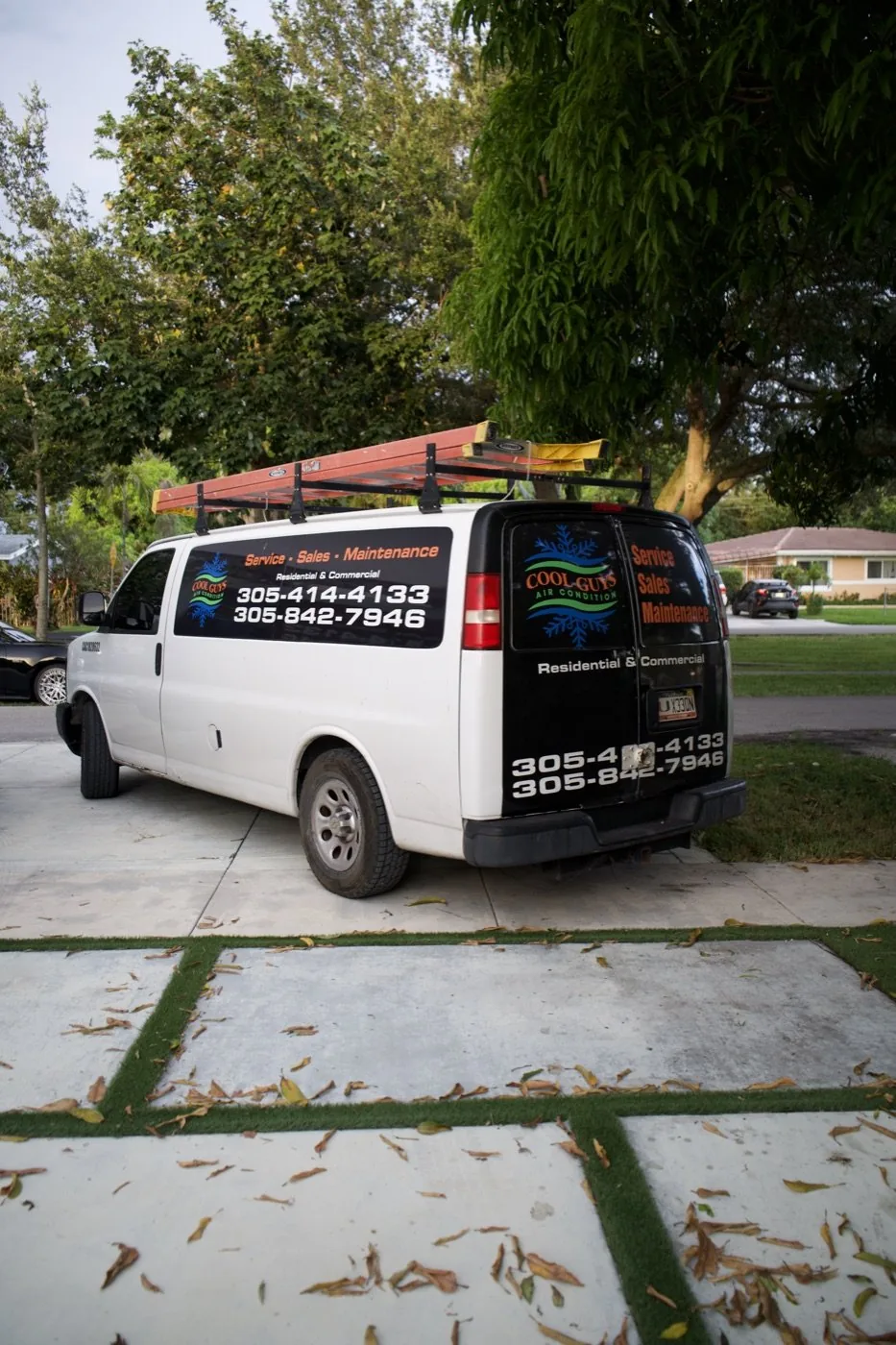 Branded Cool Guys Air Conditioning work van photographed for a Miami HVAC contractor marketing campaign