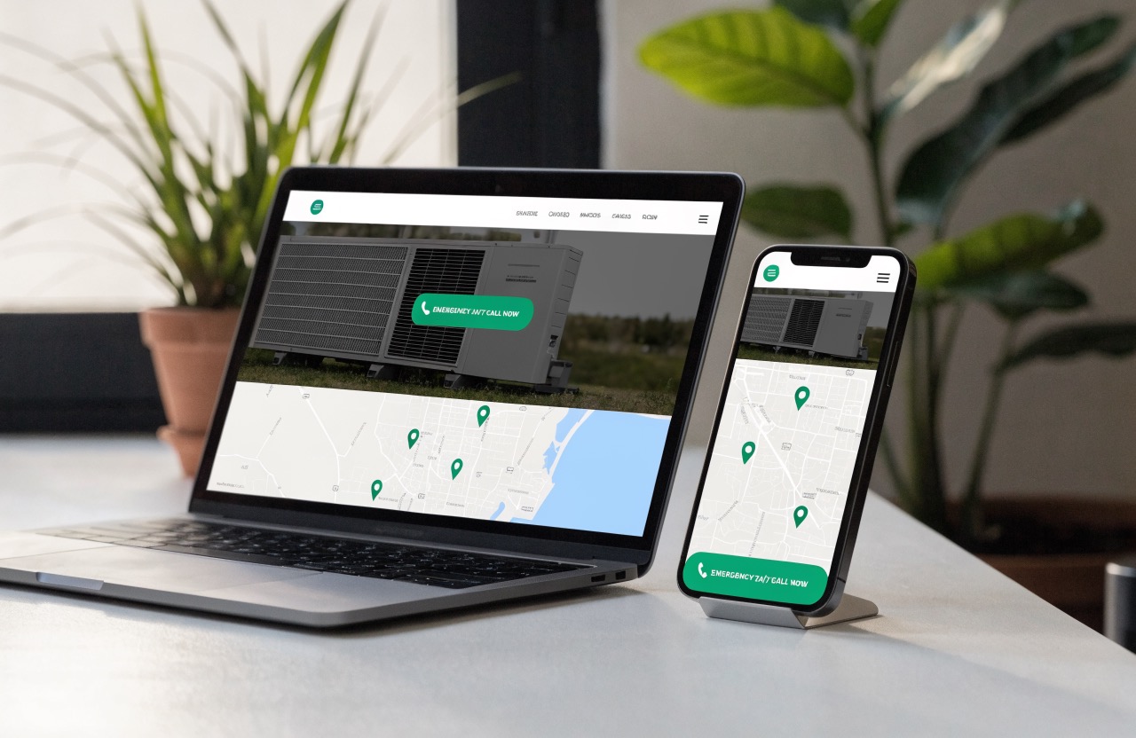 HVAC website Miami example showing a service area map and emergency booking form