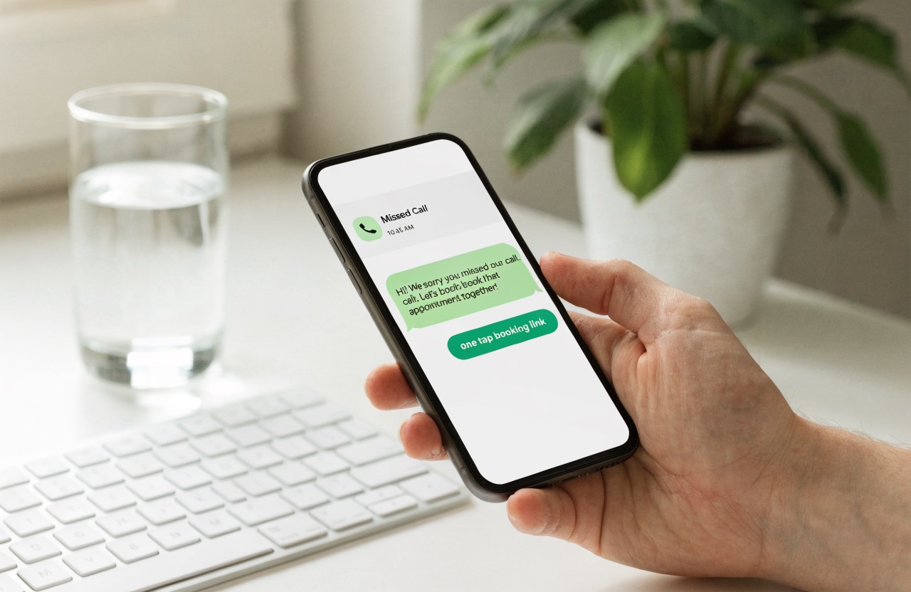 Missed call auto reply for business showing a text message with a one tap booking link
