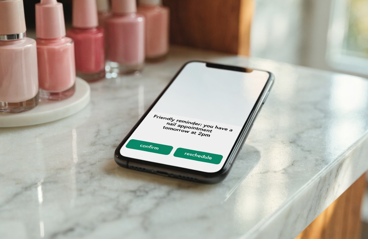 Automated nail salon appointment text reminder SMS on a client phone reducing no shows