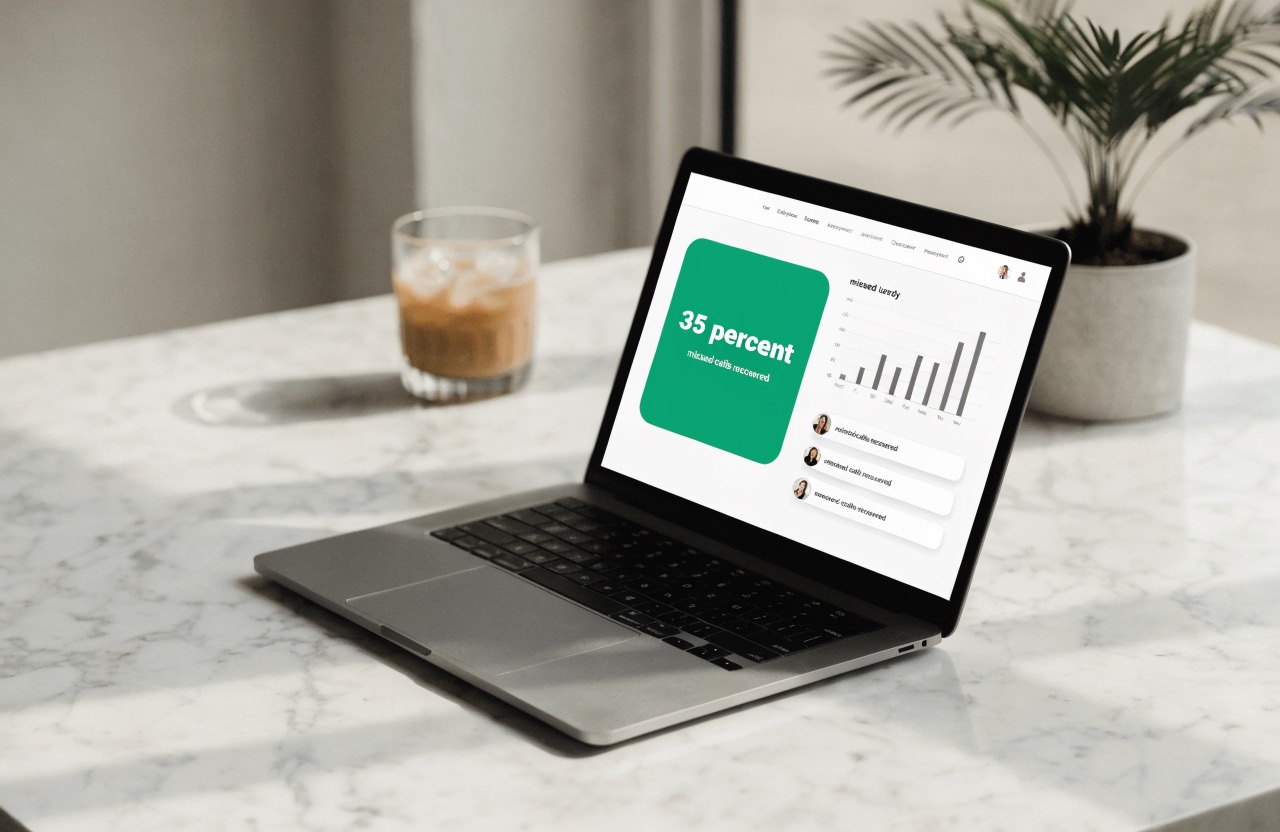 Recover missed calls business dashboard showing 35 percent of missed calls recovered as booked leads